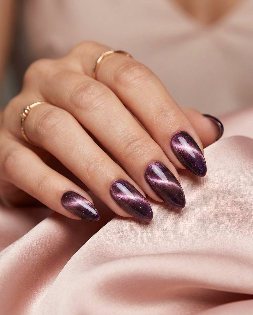 Manicure met een magnetisch cat-eye-effect in diepe plum- en mauve-tinten
