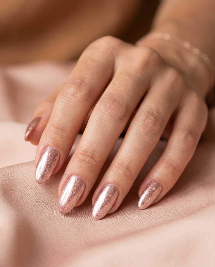 Manicure met een subtiele rosé-gouden chroom glitterfinish