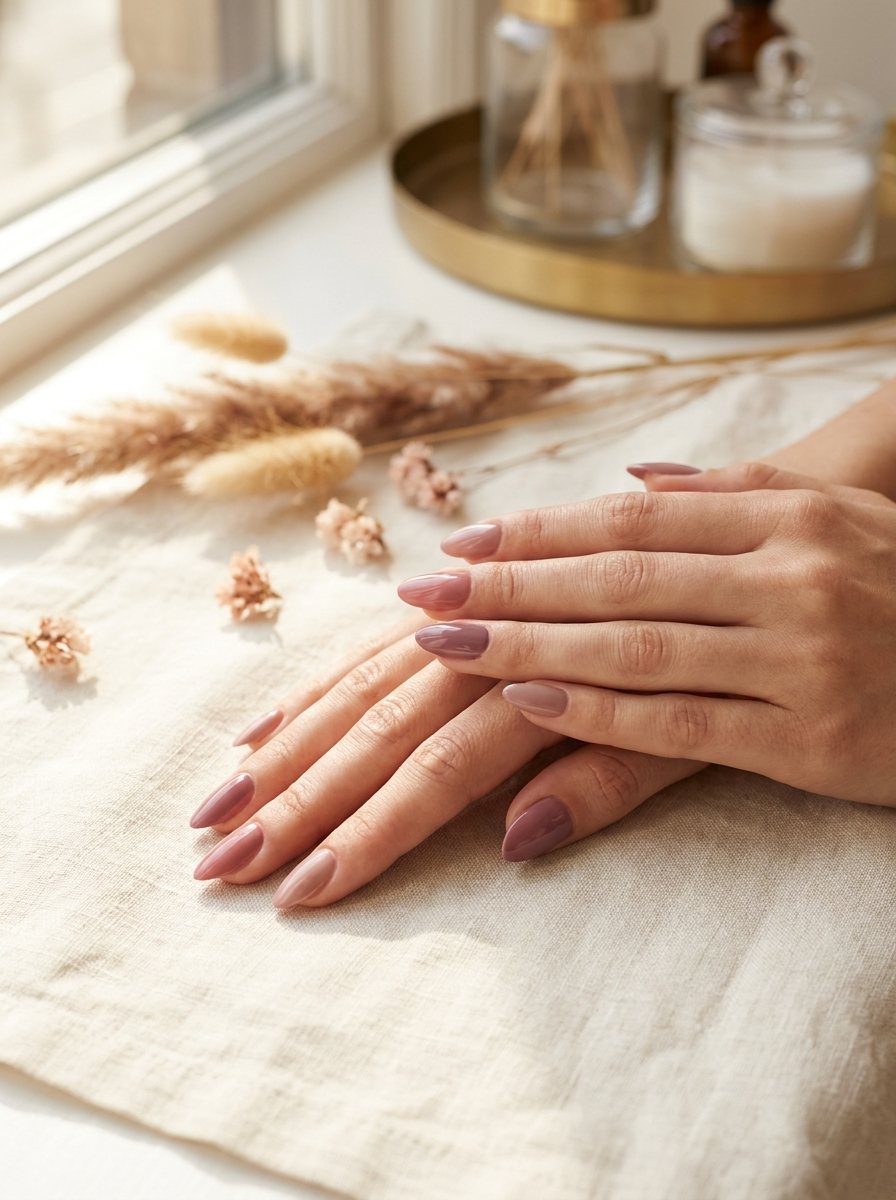 Twee verzorgde handen met een elegante manicure in wijnrood en mauve